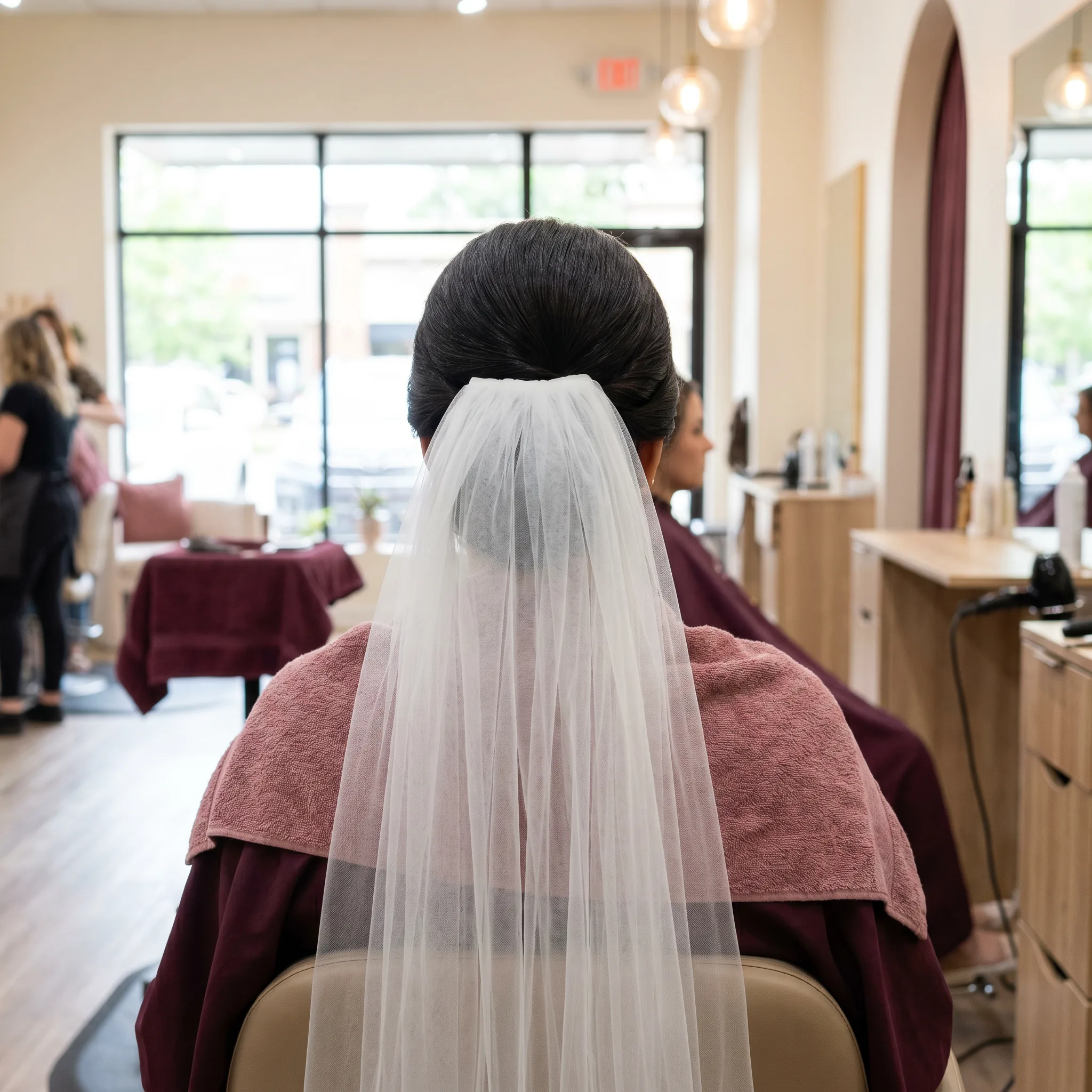 Recogido de novia con velo, vista trasera, peinado para boda
