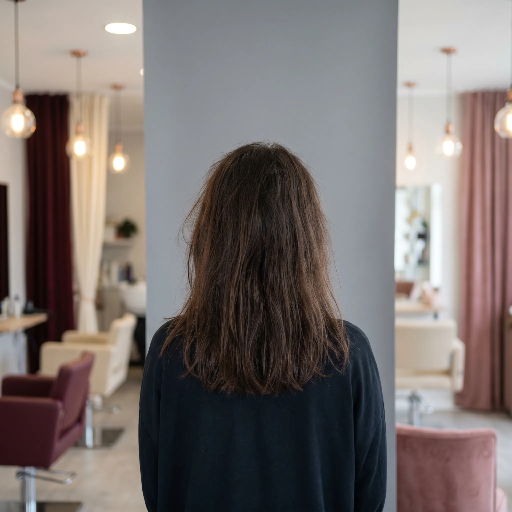 Cabello natural oscuro sin mechas, visto desde atrás en salón de peluquería