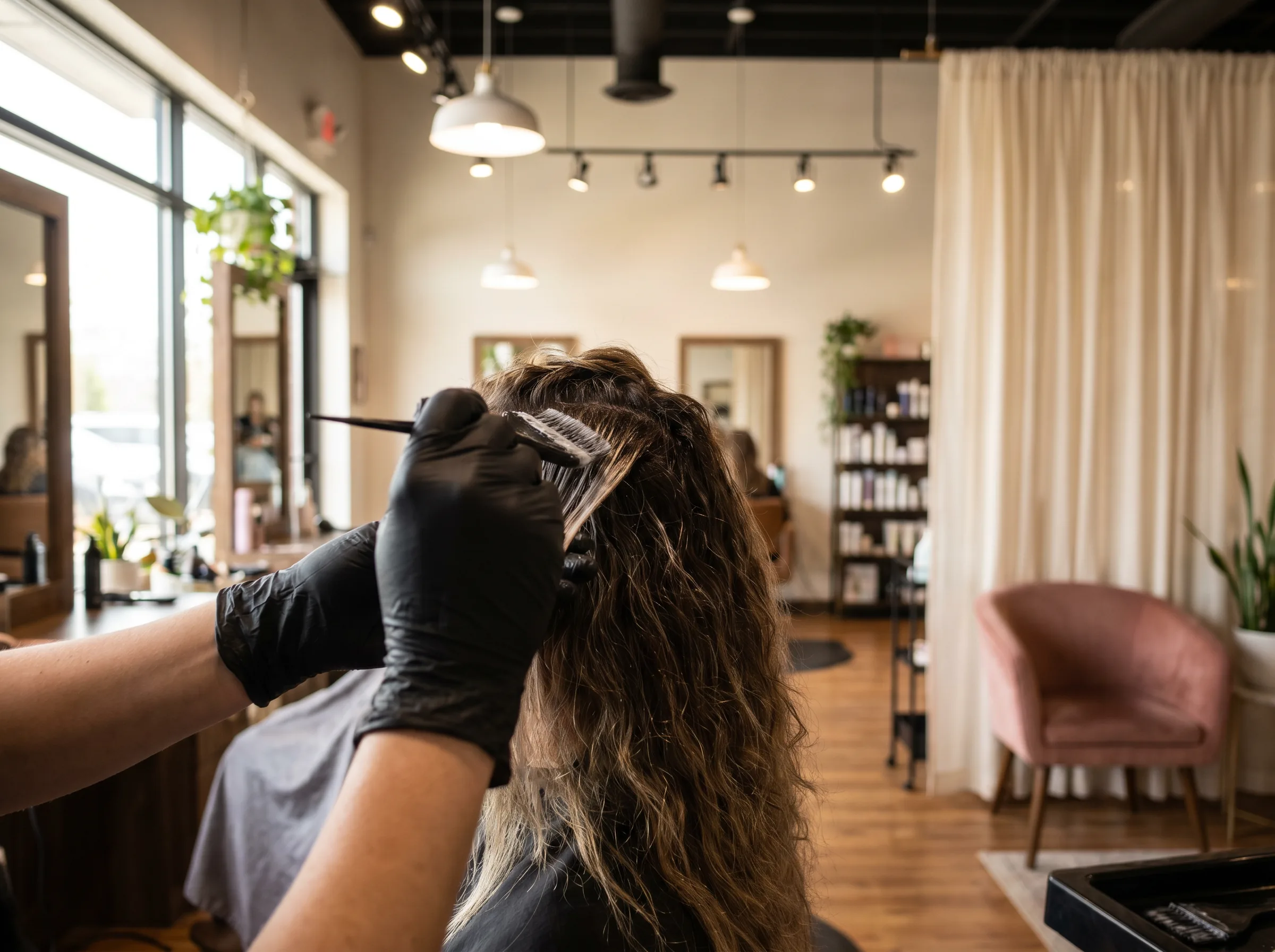 Peluquera aplicando color a mano alzada en un mechón de cabello